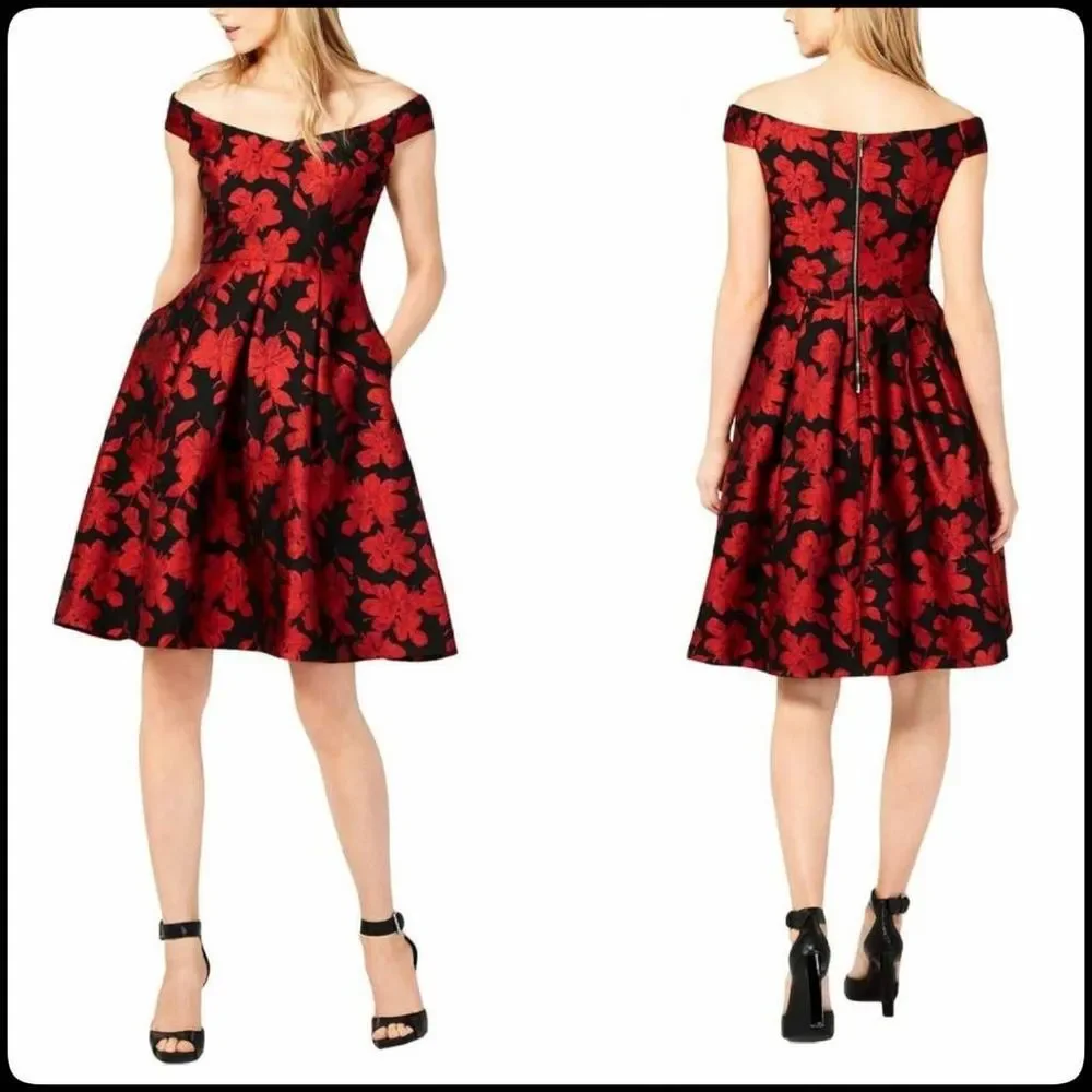 NWT CALVIN KLEIN Off The Shoulder Red & Black Brocade Fit & Flare Dress Size 10P - Picture 1 of 9